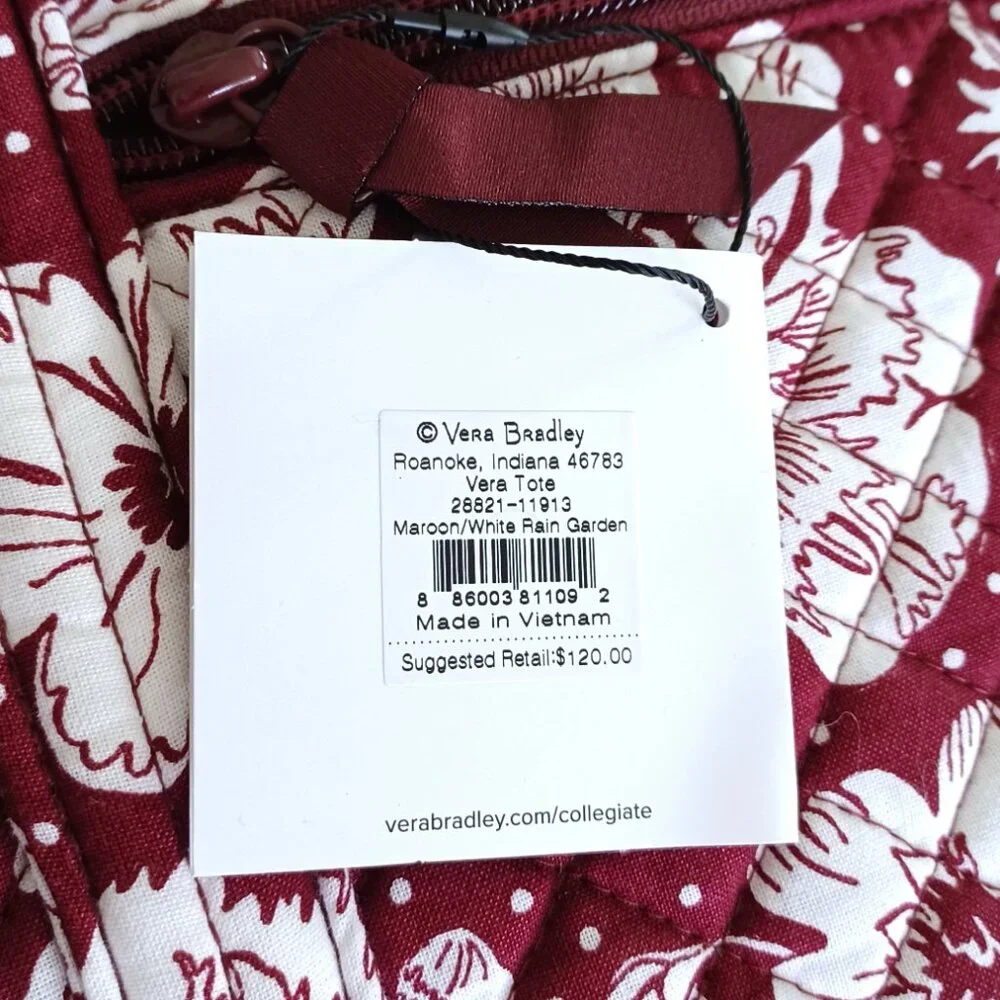 Vera Bradley Tote NEW Maroon / White Rain Garden Cotton Full Zipper Closure - Picture 4 of 4